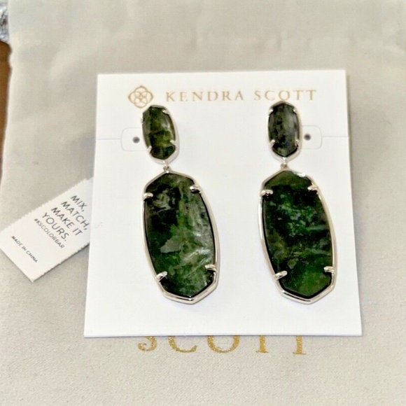 Kendra Scott Elle Custom Statement Earrings Silver & Green Sage Mica NEW - Picture 1 of 6